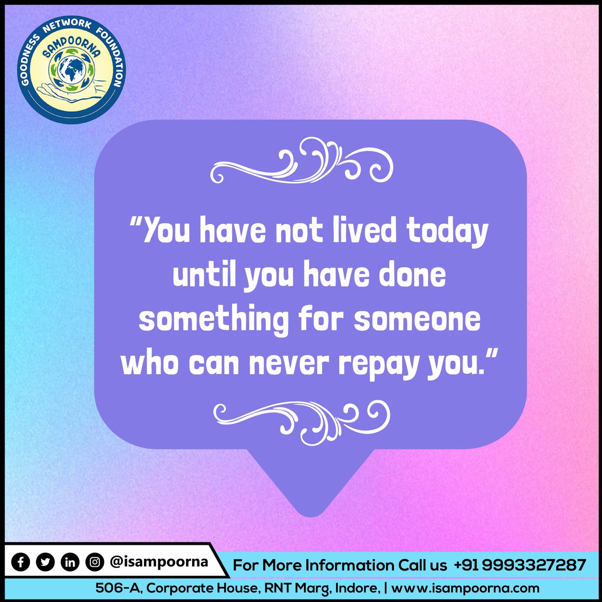 ~ 𝗤𝘂𝗼𝘁𝗲 𝗢𝗳 𝗧𝗵𝗲 𝗗𝗮𝘆 ~ 🙂🙏

#charitywork #charity #fundraising #donate #support #help #community #volunteer #giveback #EmpoweringCommunities #TogetherForever #PositiveChange #दानजीवन #दानकरनासीखो #चैरिटीवर्क