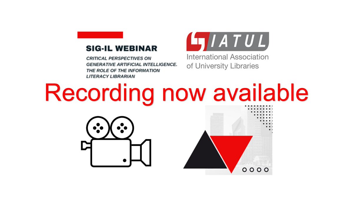 Recording of the #IATUL SIG IL Webinar on Critical Perspectives on Generative #AI available now! Save the date for our next webinar:  Critical Perspectives on Data Literacy. 13 Sep. 10:00-11:30 CET (Check your time zone). #infolit #ChatGPT #digitalliteracy bit.ly/43GSmz3