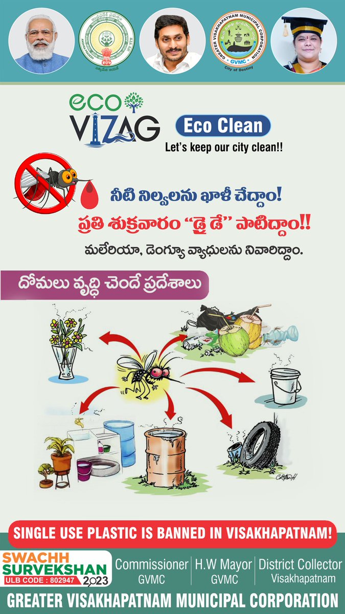 Follow 'Friday Dry day' program to prevent mosquito borne seasonal diseases such as #dengue and #malaria.

#SwachhSurvekshan2023 
#SwachhSurvekshan2023Visakhapatnam 
#VisakhaSwachhSankalpam 
#VizagSaysNotoPlastic 
#EcoVizag 
#RRR4LIFE 
#IndiaVsGarbage 
#ChooseLiFE 
#Dengue…