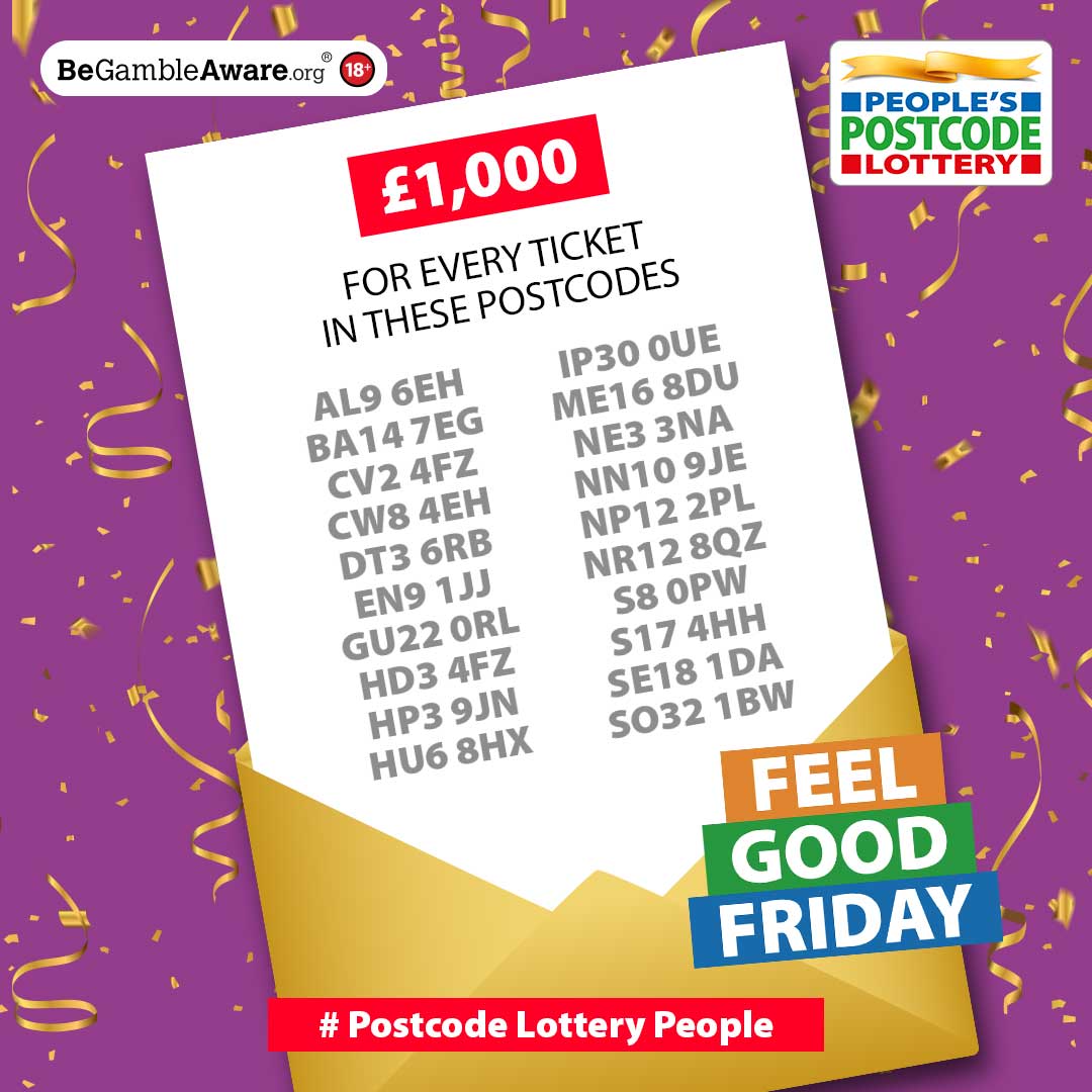 Wishing you a fantastic Feel Good Friday you incredible #PostcodeLotteryPeople. Cast your eyes over to our shiny gold envelope… it’s #DailyPrize time! 

Check to see if your postcode is on the list 👀