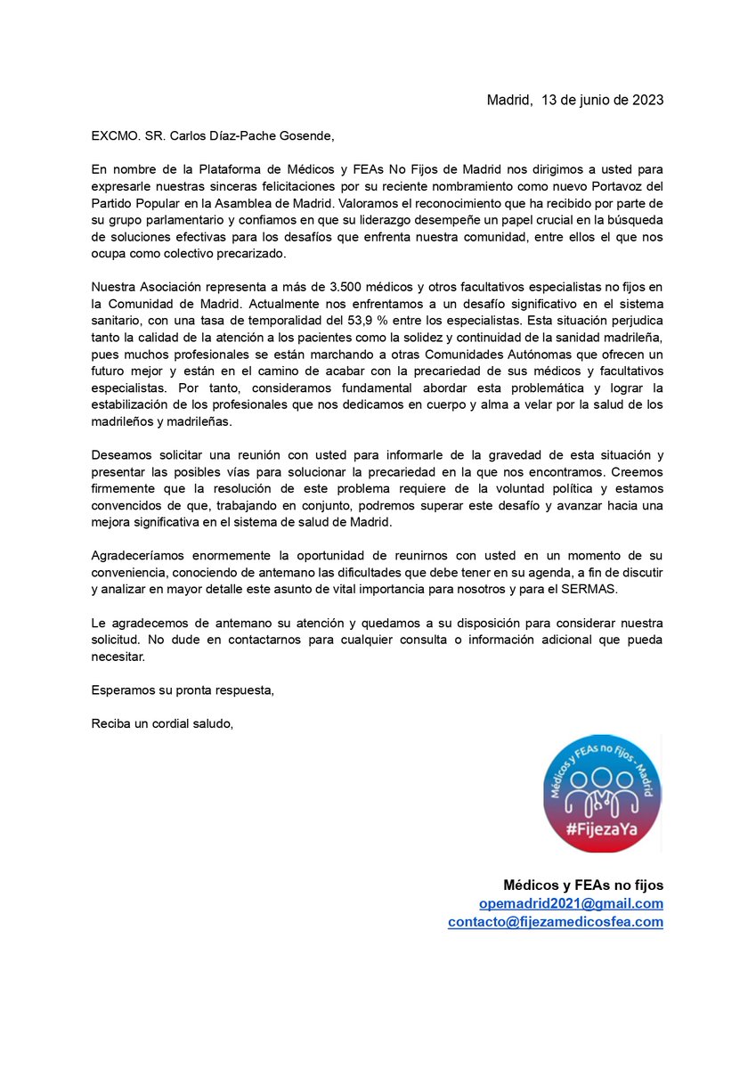 Esta semana hemos mandado esta carta a <a href="/cdpache/">Carlos Díaz-Pache</a>, recientemente nombrado portavoz del <a href="/PPAsamblea/">PP Asamblea de Madrid</a>, felicitándole y pidiéndole una reunión para acabar con uno de los principales problemas de Madrid: la fuga de médicos a otras CCAA por la temporalidad del 54%. ¿Hablamos <a href="/cdpache/">Carlos Díaz-Pache</a>?