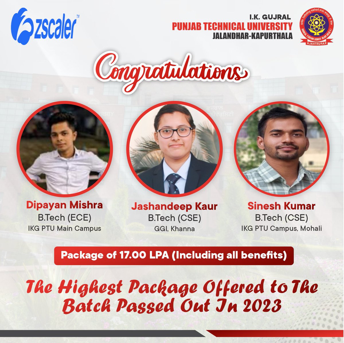 IKGujralPTU's tweet photo. ๐ Celebrating Unparalleled Success: Our Graduates Land the Highest Package of 17 Lakhs!
๐ Congratulations, Class of 2023!
#PTUPlacements #PTU #IKGPTU #Jalandhar #Kapurthala #PlacementRecord https://t.co/Z8zLKjM2HT