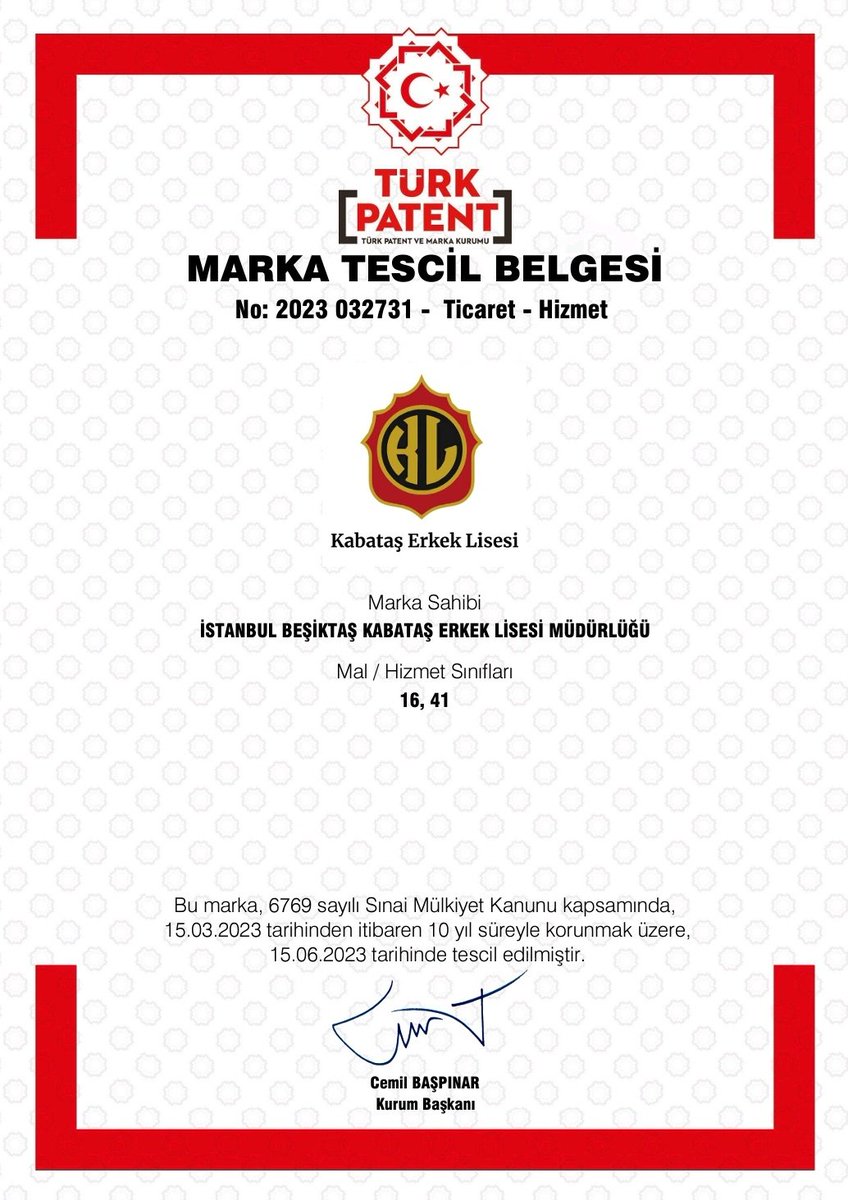 115 yıllık mazisi olan köklü okulumuzun adı ile logosuna marka tescili aldık! 

#KabataşErkekLisesi ❤️🖤