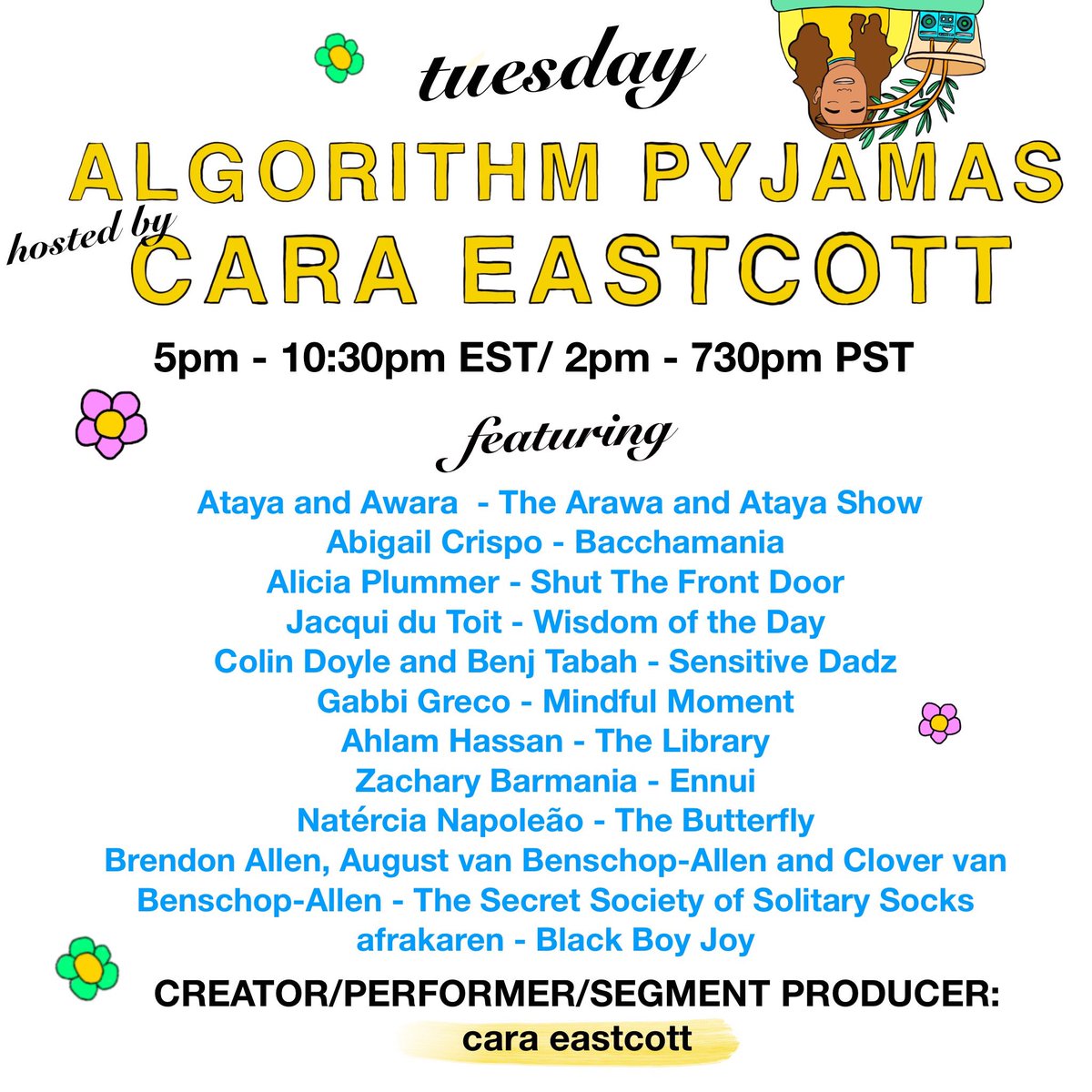 programsoundFM's tweet photo. https://t.co/o7MXSYoMAR proudly presents the world premiere of algorithm pyjamas ๐ฟ๐ hitting the airwaves on tuesday, june 20th ๐ป๐
swipe LEFT to see the broadcast schedule & lineup!
creator/performer/segment producer: cara eastcott๐โจ
#psfm2023 #programsoundfm https://t.co/wBxSZvgXdl