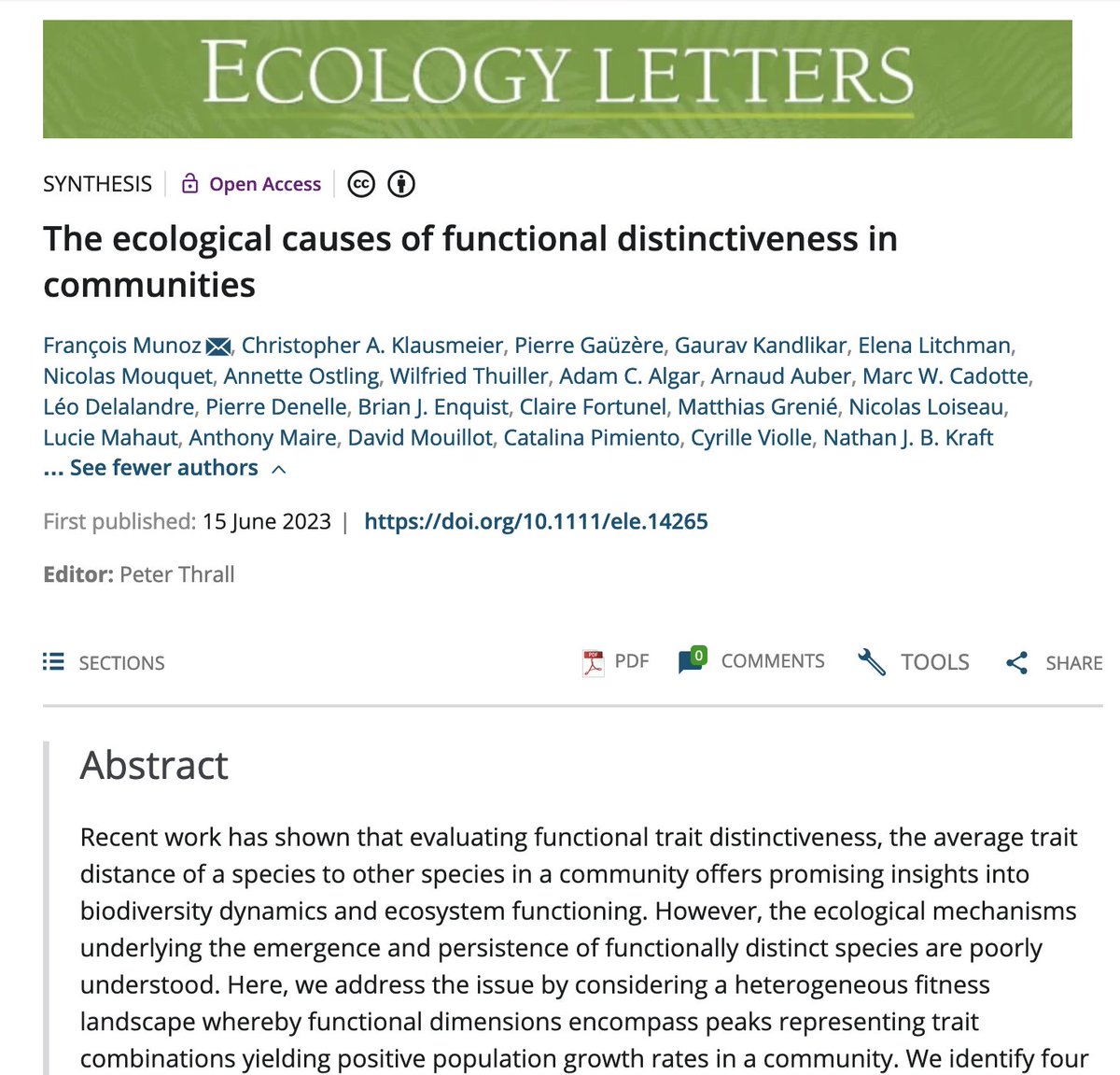 The Ecological Causes of Functional Distinctiveness in Communities out in <a href="/Ecology_Letters/">Ecology Letters</a> bit.ly/3XeFcaq
We explore the ecological and evolutionary mechanisms that underpin functionally distinct species. Great collaborative work of the #FREE #CESAB group ! 🌈

<a href="/FRBiodiv/">FRB</a>