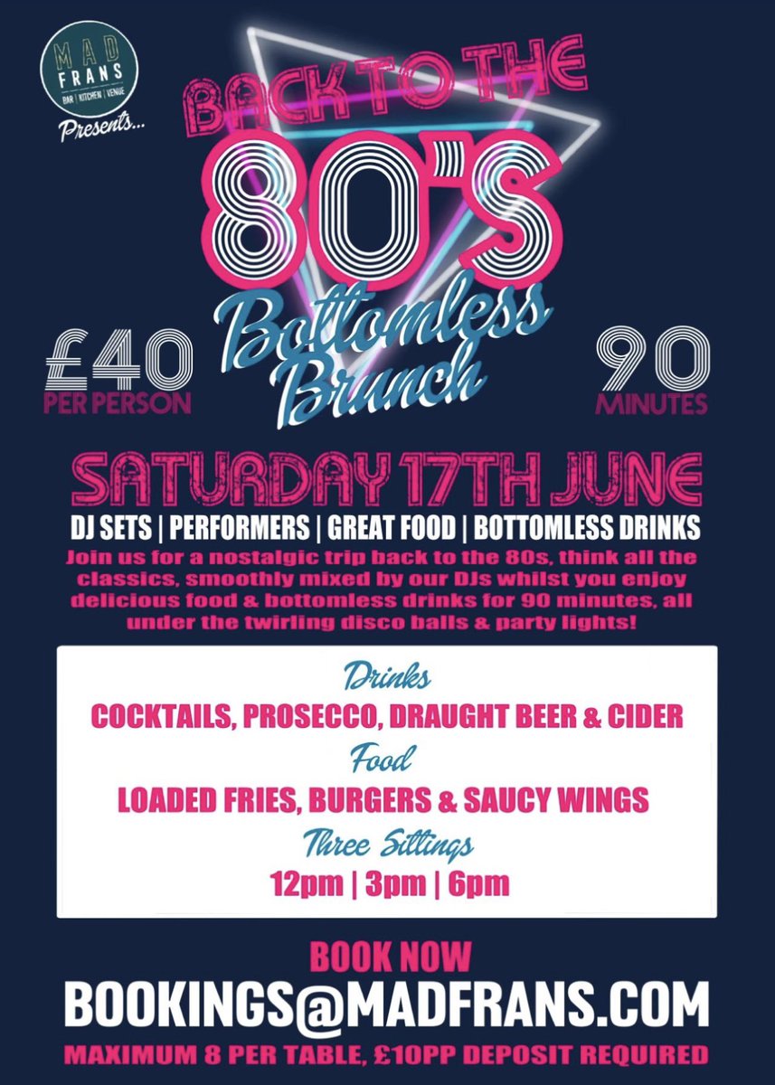 Last few tables at 6pm left for tomorrows themed, 80s bottomless brunch. 

Get ya gladrags on, dance the night away with a nostalgic trip back to the 80’s whilst enjoying some quality scran and bottomless drinks. 

Get in touch to book your table 

#bottomless #80s #Leeds