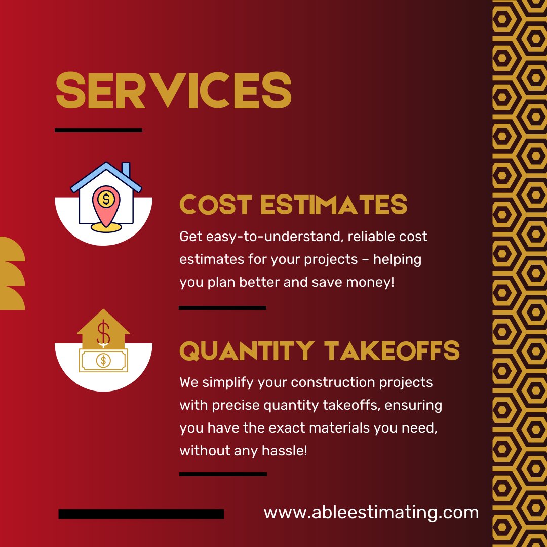 🚀 At ABLE Estimating®, we've got you covered for all your construction projects!

Offering top-notch cost estimation and quantity takeoff services, We're here to make sure your bids are competitive and the takeoff covers everything.

Let's estimate your project together! 🏗️💰📏