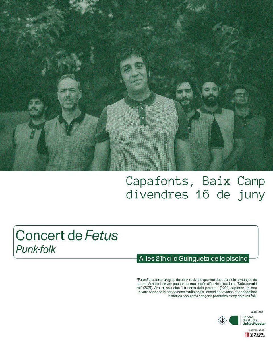 AjCapafonts's tweet photo. Avui dia 16 de juny a les 7 de la tarda a la biblioteca xerrada: Comunitat i turisme, tensions i propostes a càrrec de Carla Izcara d'Alba sud. 

Després a les 9 del vespre a la guingueta de la piscina concert de FETUS amb la seva música punk/folk. Us hi esperem!! https://t.co/KaMPlnqyIP