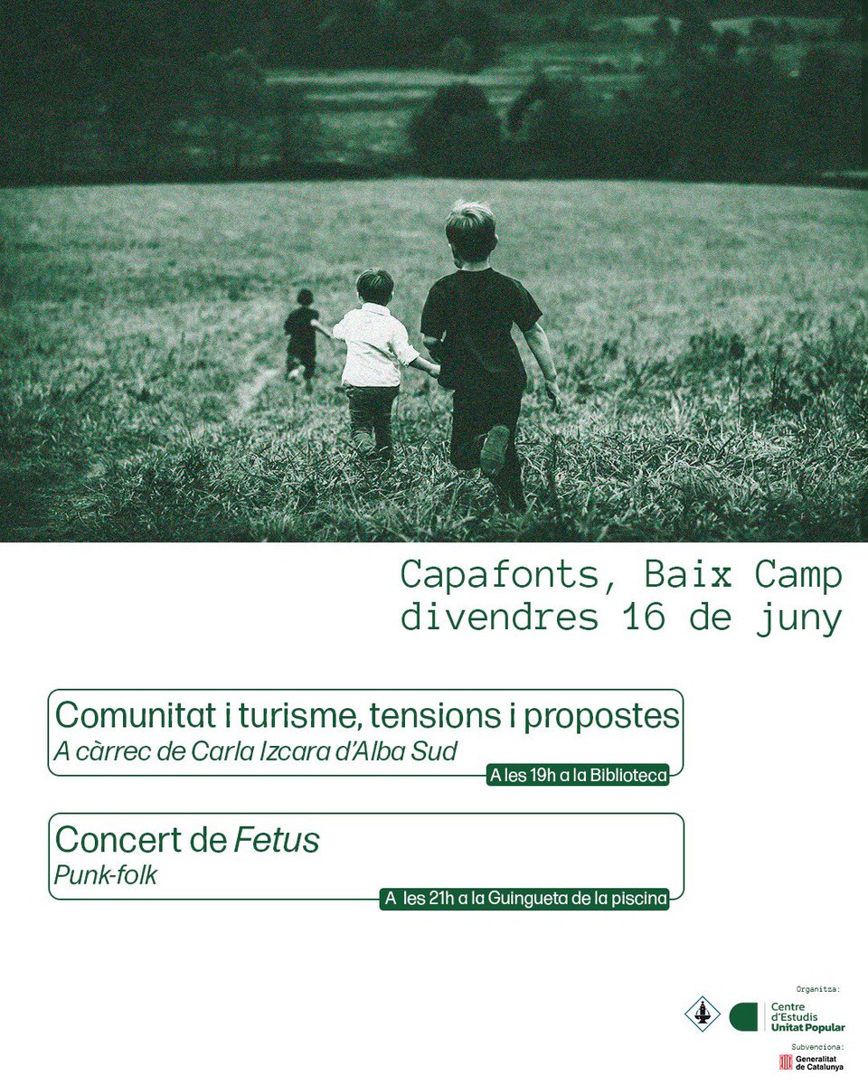 AjCapafonts's tweet photo. Avui dia 16 de juny a les 7 de la tarda a la biblioteca xerrada: Comunitat i turisme, tensions i propostes a càrrec de Carla Izcara d'Alba sud. 

Després a les 9 del vespre a la guingueta de la piscina concert de FETUS amb la seva música punk/folk. Us hi esperem!! https://t.co/KaMPlnqyIP