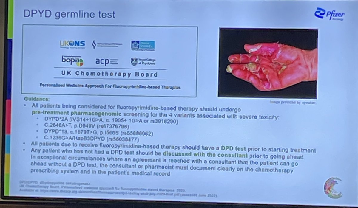 Reminder to test for #dpyd low function/no function alleles when treating with 5FU based treatment during this mornings Genomic symposium at #of2023. The need to add additional variants to panels to continue to improve safety was also highlighted!