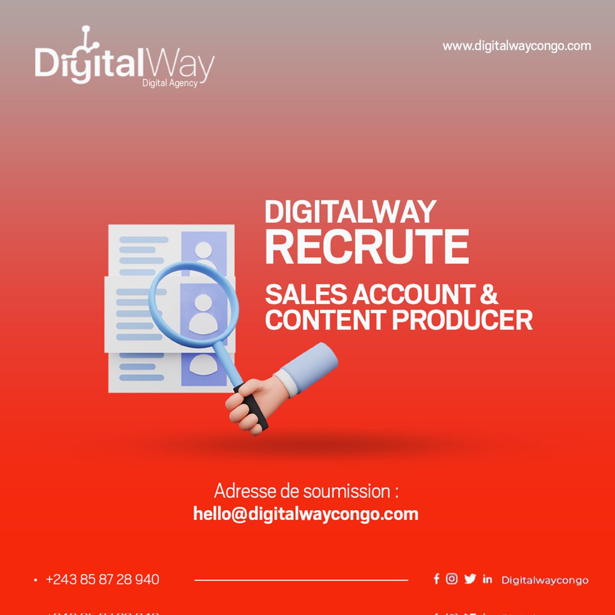 DigitalwayCongo's tweet image. Digitalway recrute un *Sales account and content producer*

Tous les détails sur le poste sont ici 👉🏿bit.ly/3N956aH

Veuillez envoyer votre CV et lettre de motivation sur hello@digitalwaycongo.com

Date limite : 19/06/2023

#Digitalway #AgenceDigitale #Recrutement #Job