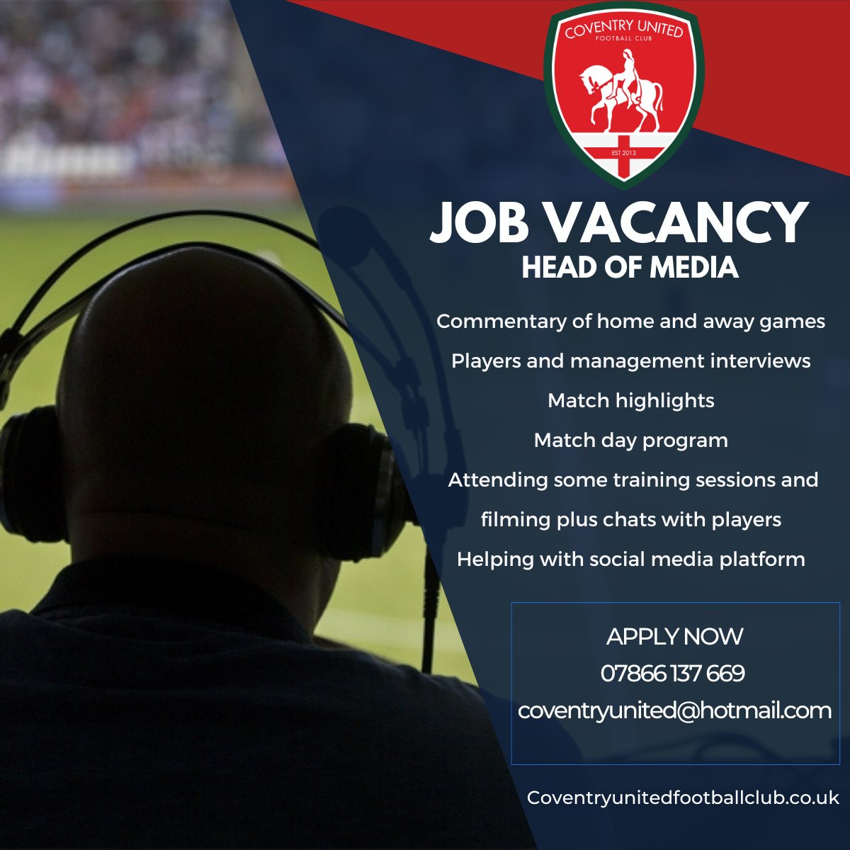 CoventryUnitedFans (@coventryutdfans) on Twitter photo JOB VACANCY - HEAD OF MEDIA
Coventry United Football Club have a great opportunity for anyone who wants to get involved within Media in the world of football
07866 137 669
coventryunited@hotmail.com
<a href="/utdcos/">UCL</a> <a href="/CovUnited/">Coventry United FC</a> <a href="/FreeAgentsFC/">Free Agent Showcase</a> JOB VACANCY - HEAD OF MEDIA
Coventry United Football Club have a great opportunity for anyone who wants to get involved within Media in the world of football
07866 137 669
coventryunited@hotmail.com
<a href="/utdcos/">UCL</a> <a href="/CovUnited/">Coventry United FC</a> <a href="/FreeAgentsFC/">Free Agent Showcase</a>