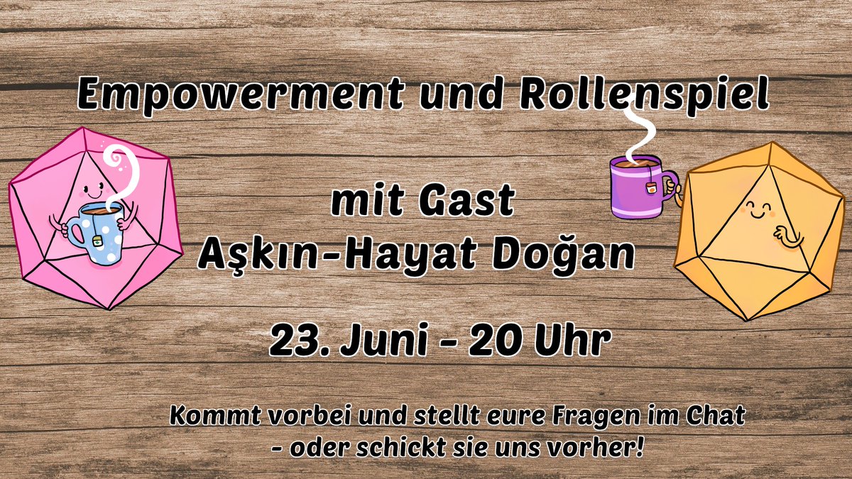 #PnPde Bubble:
Kommenden Freitag, 23.6. sprechen wir um 20 Uhr mit Aşkın-Hayat Doğan @AskDoan1 im #DiceCourse über "Empowerment und Rollenspiel" 🎉💜

Livestream: twitch.tv/dicecourse
VOD kommt später auf Youtube!

Wo könnt ihr uns sonst finden? linkr.bio/v2lz4

#ttrpg