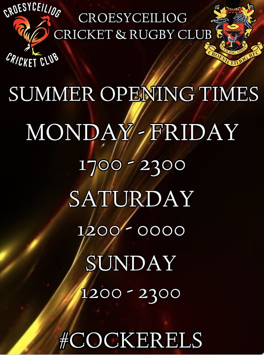 Croesycc's tweet photo. If you fancy coming for a pint, here is our summer opening times… All welcome. No membership needed 🍺☀️🏏🏉 #cockerels https://t.co/jHOaFrtRou