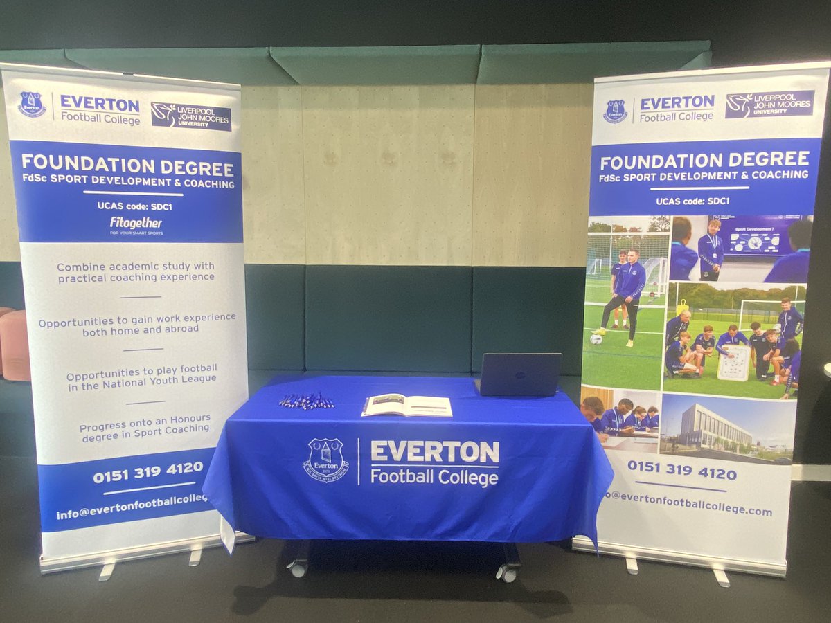 EvertonHigherEd's tweet photo. We’re ready to go at today’s @ljmu Open Day! 

Come down and see us at the the @johnmooressu (Students’ Union) to find out more about study and playing opportunities with us! 

🔵⚪️⚽️🧑‍🎓📚

#highereducation #university #sport #development #coaching #openday https://t.co/NAIpFyVmXy
