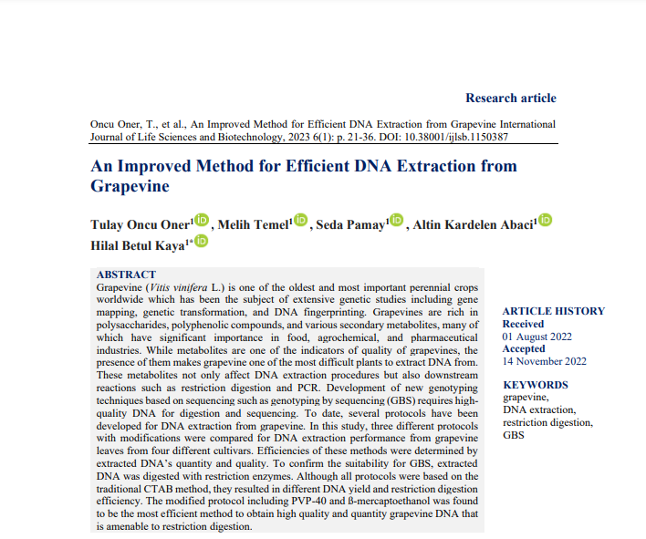 An Improved Method for Efficient DNA Extraction from Grapevine

Authors: Tulay Oncu Oner, Melih Temel, Seda Pamay, Altin Kardelen Abaci, Hilal Betul Kaya

#grapevine #DNAextraction #restrictiondigestion #gbstudio #VitisviniferaL #perennialcrops #Research

dergipark.org.tr/tr/download/ar…