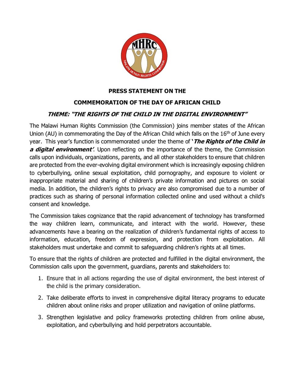 HumanRightsMW's tweet photo. COMMEMORATION OF THE DAY OF AFRICAN CHILD 
THEME: “THE RIGHTS OF THE CHILD IN THE DIGITAL ENVIRONMENT”
@Times360Malawi @NyasaTimess @MBCNewsLive @mbcmalawi @zodiakonline @NationOnlineMw @CapitalFMMw @MwNewsAgency @timvenionline @yoneco3 https://t.co/y5K8y92r9U