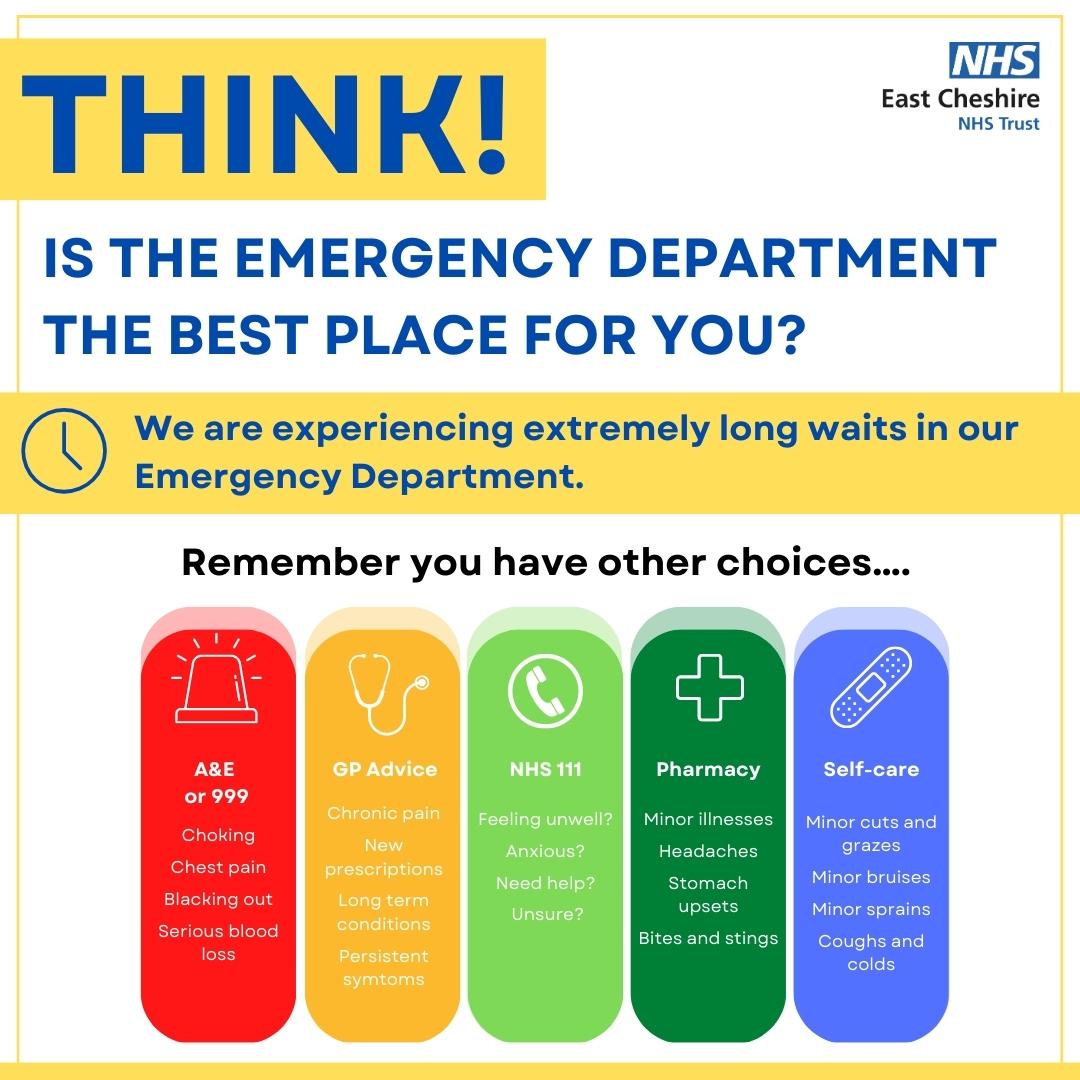 🟥 Our Emergency Department is for serious and life-threatening conditions. Please choose the right care for you:

🟦 111.nhs.uk
🟨 Your GP
🟩 Local Pharmacy

#NHS111