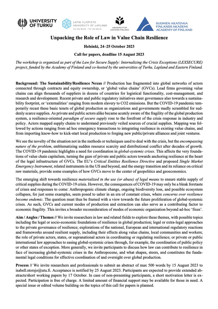 How does the legal infrastructure of global production bend and adapt when pandemic, war, climate change or other global crises hit the fan? How should it? CfP “Unpacking the Role of Law in Value Chain Resilience”: lexsecure.org/2023/06/13/cal… @lexsecure
