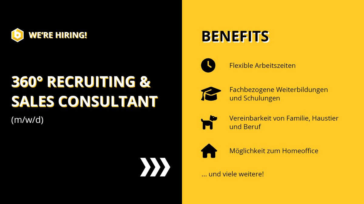 becon's tweet photo. 🔍Wir suchen:
360° Recruiting &amp; Sales Consultant (m/w/d)

✅Wir bieten: Jobrad Leasing, Vereinbarkeit von Familie, Tier &amp; Beruf, Kaffee-Flat uvm.

Kommen Sie ins Team &amp; werden Sie ein beconie! Wir freuen uns auf Ihre Bewerbung! 💛

Infos unter:
https://t.co/qmIWnjV17Z https://t.co/hs41IxjjPF