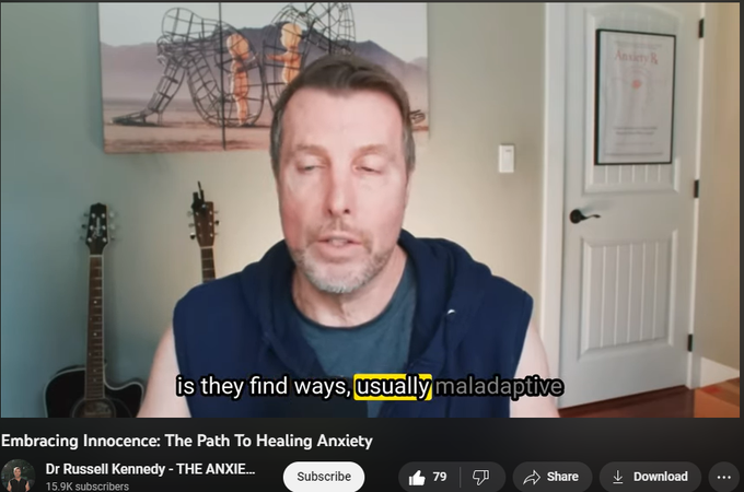 1,383 views  11 Jun 2023
Developmental psychologist Dr. Gordon Neufeld says that "All anxiety is separation anxiety", and I add that it's fundamentally a separation from within yourself.

Stress and trauma in childhood that is not resolved by a loving, attuned parent or caregiver slowly splits us from the inside into a REACTIVE and an AUTHENTIC self.

Like splitting the atom, this separation within ourselves creates a tremendous amount of energy that becomes stored in our system in a form I call ALARM.

You can't heal from anxiety until you resolve this split and you can't resolve this ALARM and heal until you fully see, accept and embrace your own innocence.

Therefore until you stop judging yourself and instead fully embrace your innocent authentic (child) self, you will always struggle with chronic emotional pain.

Thank you for listening and you can find me on IG: @theanxietymd if you have any questions.

P.S If you're ready to take command of your anxiety and not be a victim of da