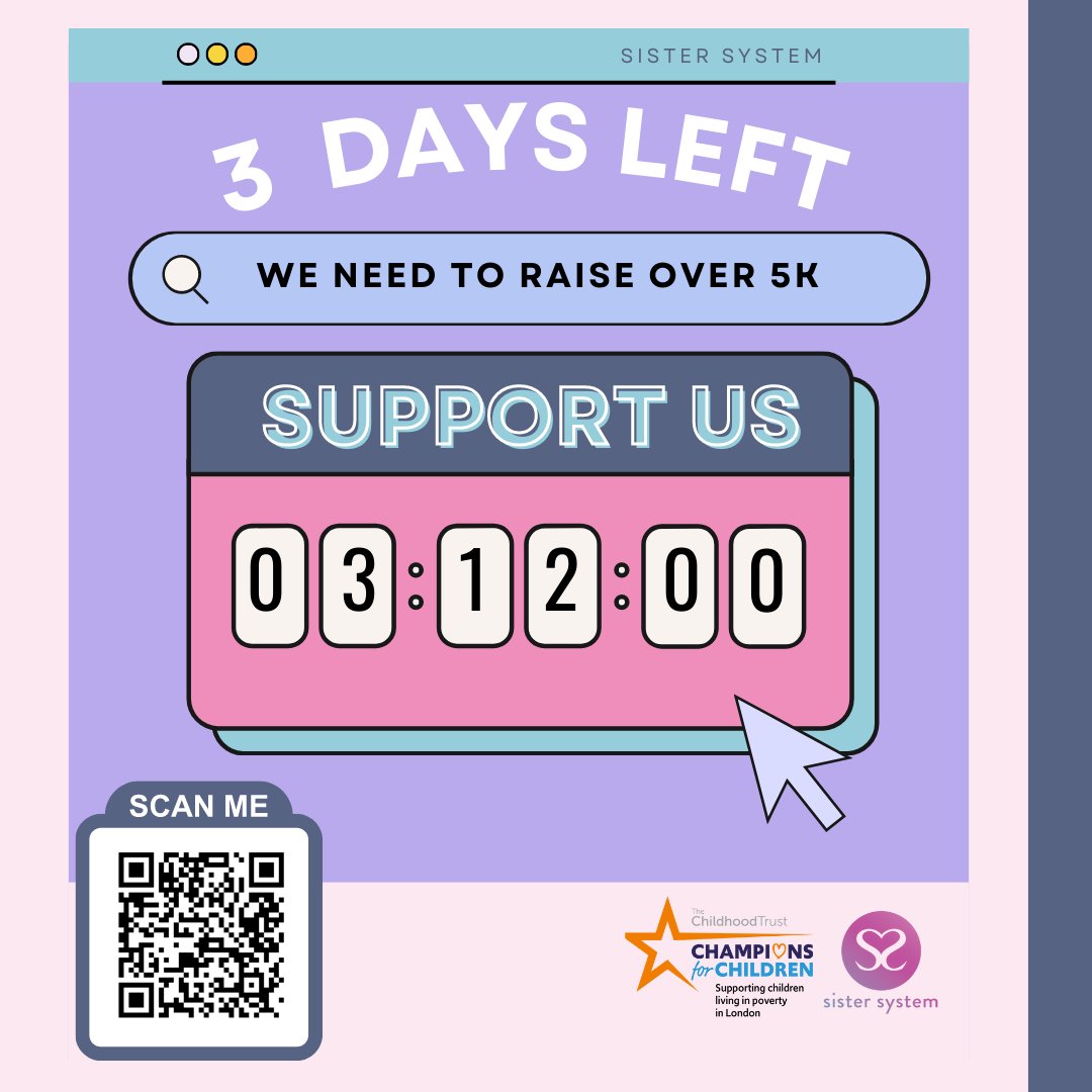 TheSisterSystem's tweet photo. 📢 Only 3 days left to fight food poverty & violence for girls in care! Scan the QR code/link in our bio. Tag changemakers who care. Let's make an impact together! 💪
#EmpowerGirls #SisterSystem #DoubleYourImpact #MakeADifference #CareLeaversRock #EndChildPoverty https://t.co/BiEnyiOcxu