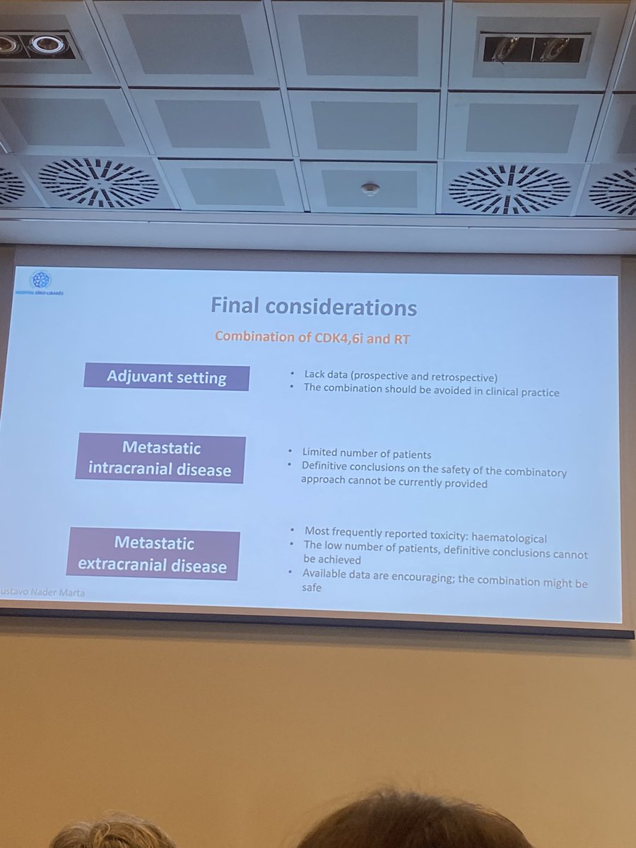 Dr_m_garousi's tweet photo. Integration of CDK4/6inhibitors with radiation therapy? 
In the adjuvant setting should be avoided because of limited data!
In the metastatic setting the available data encouraging the combination might be safe
@OncoAlert 
#florencebreast23 https://t.co/BOuoCqQJIQ