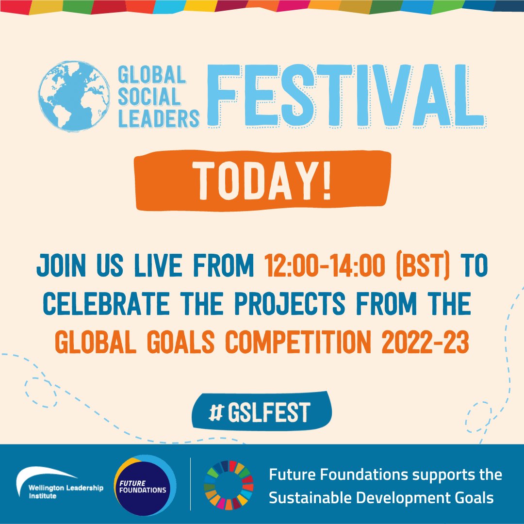 FutureFound's tweet image. The #GSLFest 2023 is today! 🎉🙌

Join us live at 12:00 (UK time) to celebrate all the incredible #YouthSocialAction projects &amp;amp; find out the winners of this year's #GlobalGoalsCompetition. 🌍

Click here for all the info &amp;amp; to join the event - bit.ly/3MdrS26