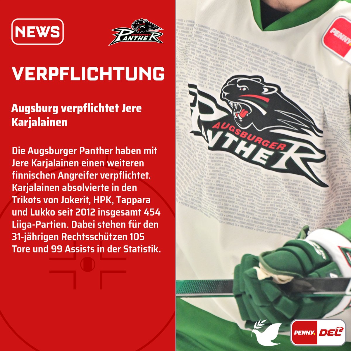 Die @aevpanther haben mit Jere Karjalainen einen weiteren finnischen Angreifer verpflichtet. Karjalainen absolvierte in den Trikots von Jokerit, HPK, Tappara und Lukko seit 2012 insgesamt 454 Liiga-Partien. #PENNYDEL