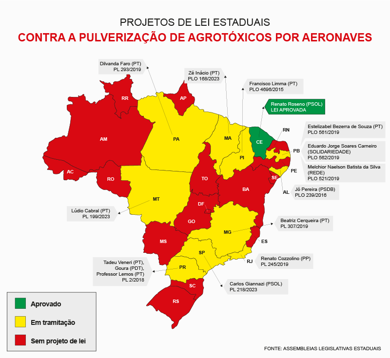 reporterb's tweet photo. ✈️💀❌Exemplo do Ceará pode se espalhar pelo Brasil. Um levantamento inédito da Repórter Brasil apontou que a proibição da pulverização aérea de agrotóxicos está em discussão em dez estados do país. Confira a situação de cada estado na imagem do mapa >> https://t.co/K6hNxl5n0a https://t.co/vuKqx5ZklA
