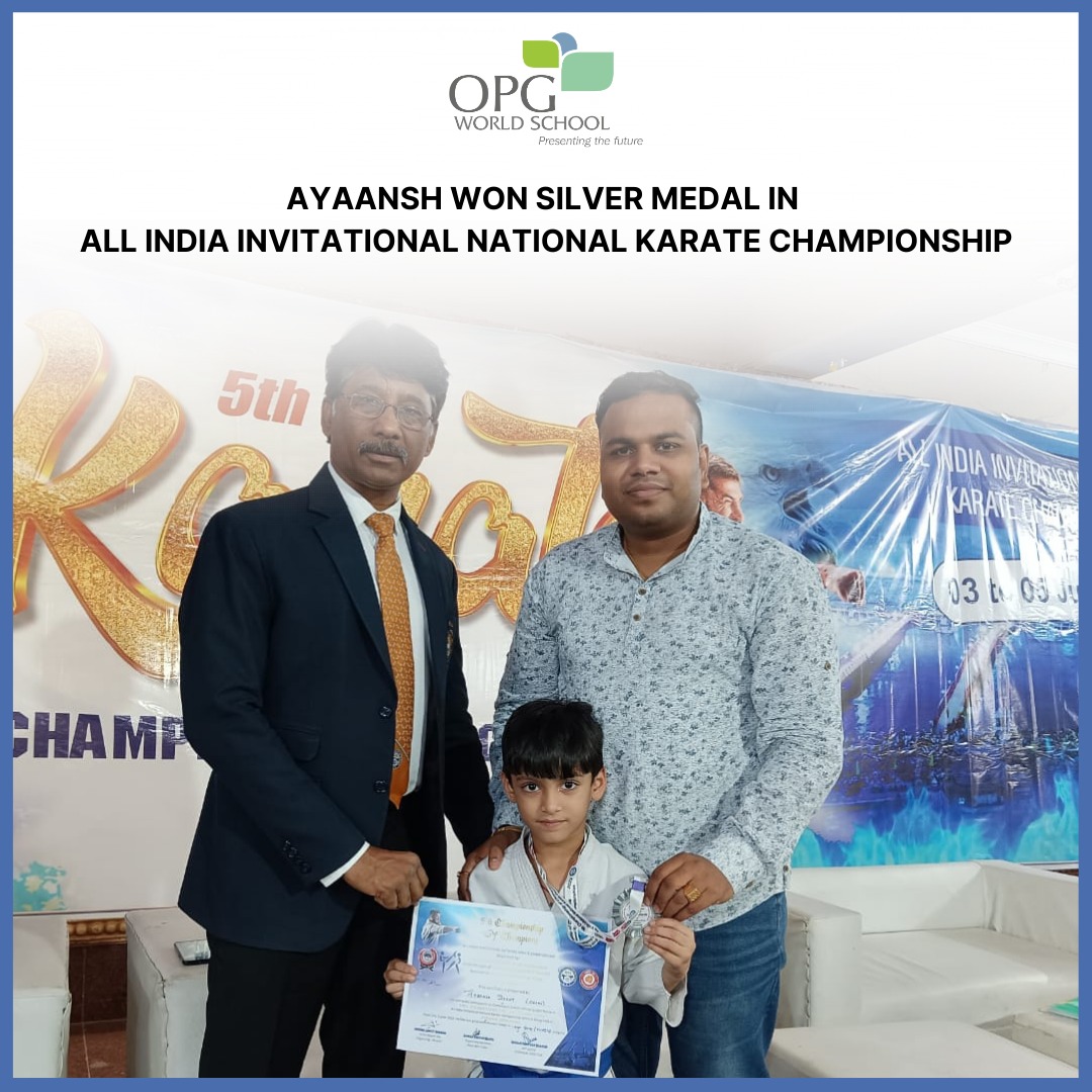 Ayaansh won Silver medal in All India Invitational National karate Championship #SilverMedalist #KarateChampion #NationalChampionship #OPGWorldSchool #ProudMoment #AchievementUnlocked #KarateCompetition #AllIndiaInvitational #SportsAchievement #TalentRecognition #KaratePride