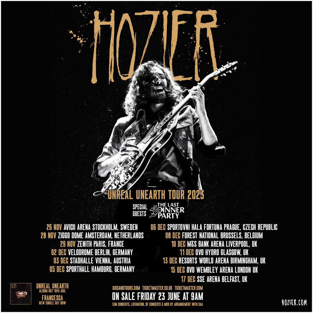Hozier's tweet photo. Thrilled to announce my Unreal Unearth European tour dates with special guests @lastdinnerparty.    

Tickets are on sale next Friday 23 June at 9am BST!

 🖤https://t.co/DbsmqVtamA https://t.co/AKCf7v9Ulv