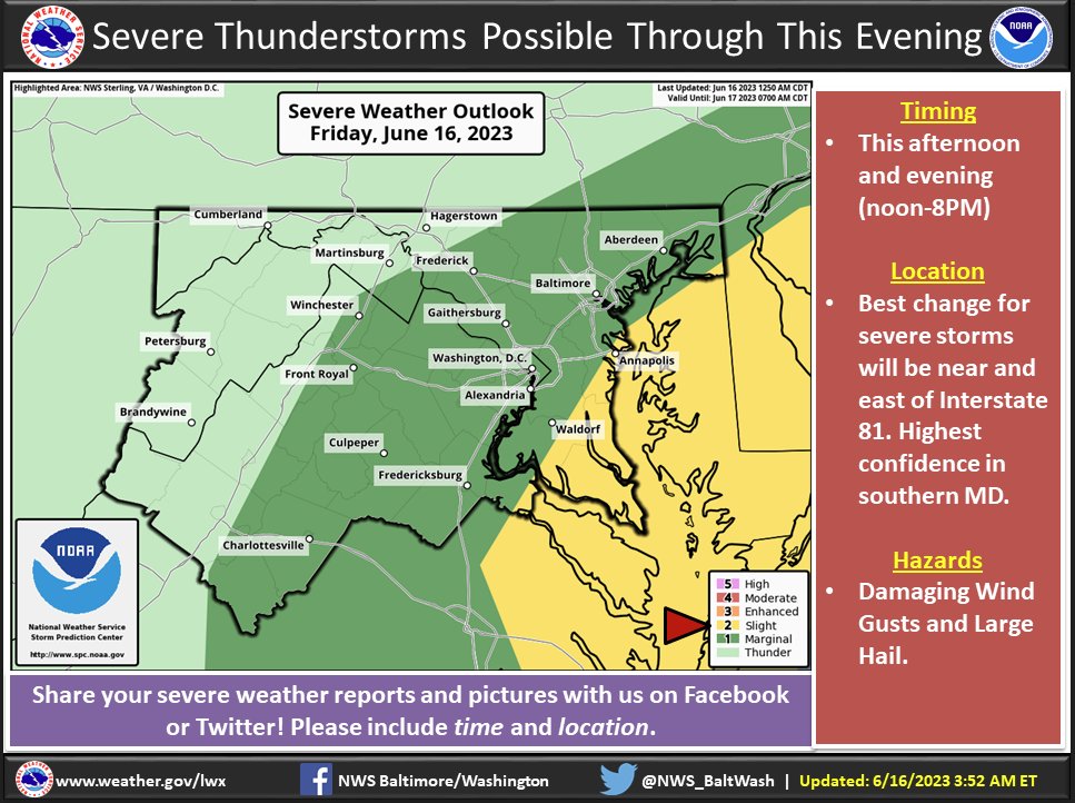 Severe thunderstorms are possible today, especially this afternoon and evening. Click weather.gov/lwx for the latest updates.