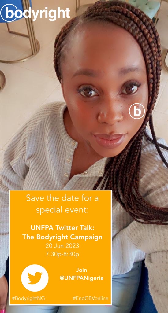 UNFPANigeria's tweet photo. Join the Bodyright campaign! Add your voice! https://t.co/JudnbysXNo
@UNFPANigeria
Bodyright Launch on Twitter Live #bodyrightNG #putyoungpeoplefirst #mybodymyright https://t.co/BYRohmjUKG
