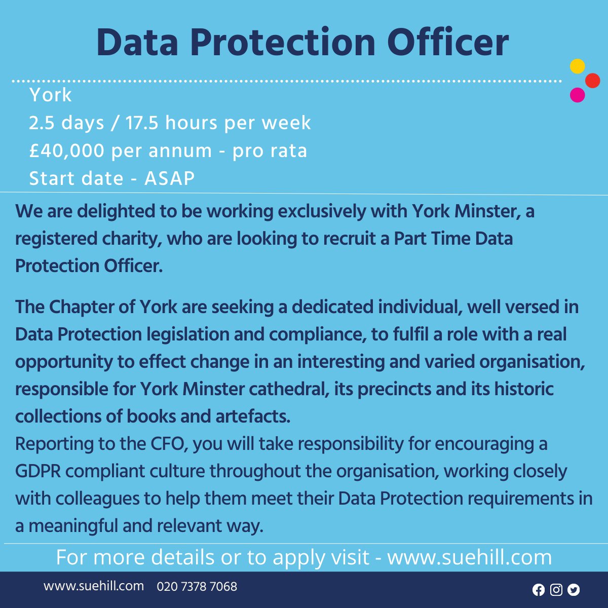 SueHillRec's tweet photo. New Job Opportunity 
Data Protection Officer - Permanent, York, part-time, £40k per annum - pro rata

For more details or to apply, you can see the full job post here - https://t.co/z7XbWrJeNk
#DataProtectionJobs #InfoPros #York #Job https://t.co/paFERvdxNq