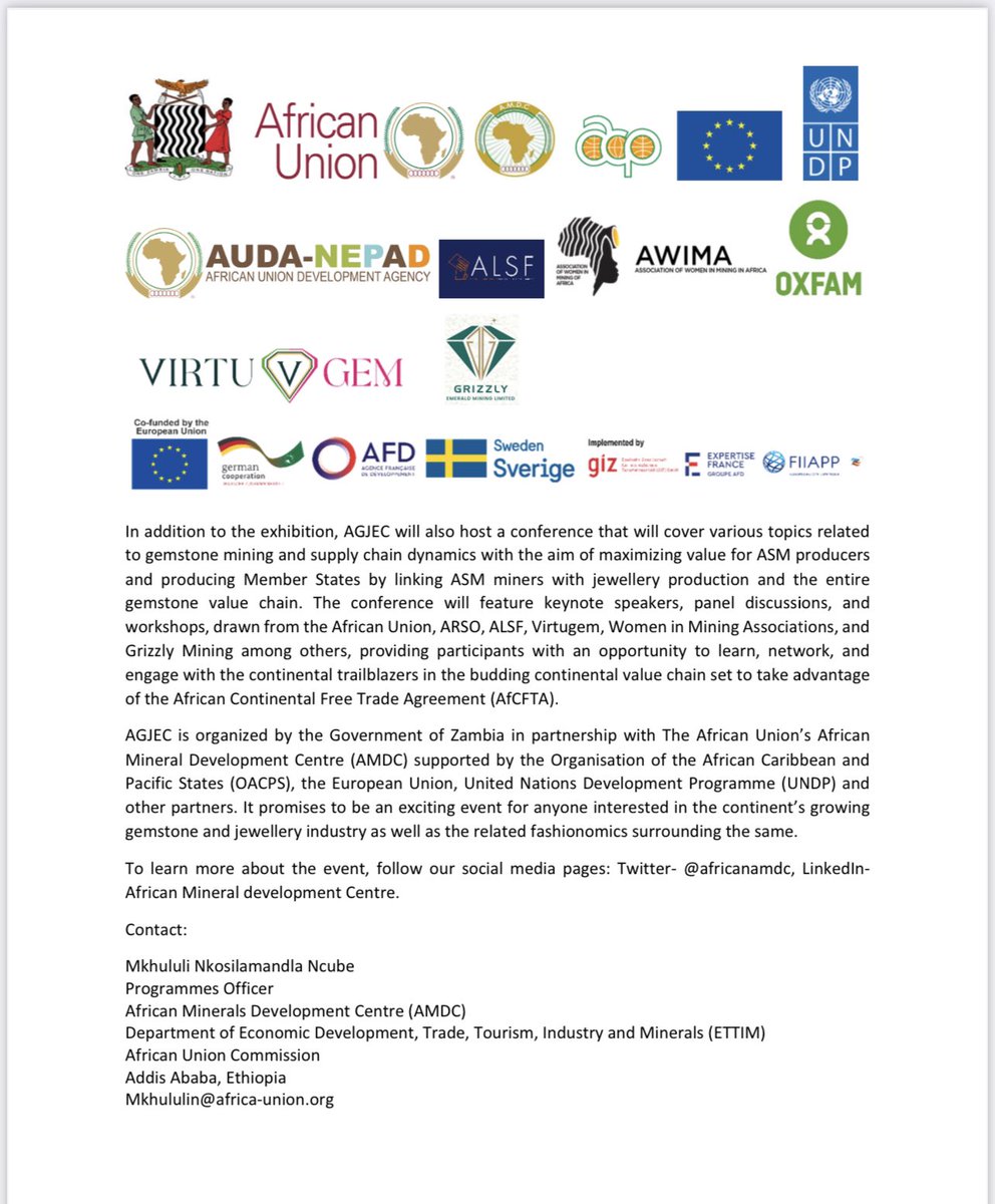 Zambia to host maiden edition of #AGJEC. The inaugural Africa Gemstones, Jewellery Exhibition and Conference #AGJEC is set to take place in #Ndola, #Zambia  from July 10th - 14th, 2023. 
See Press Release 👇🏾
<a href="/AWIMA2063/">Association of Women in Mining Africa</a> <a href="/NEPAD_Agency/">AUDA-NEPAD</a> <a href="/africalegal/">ALSF</a>