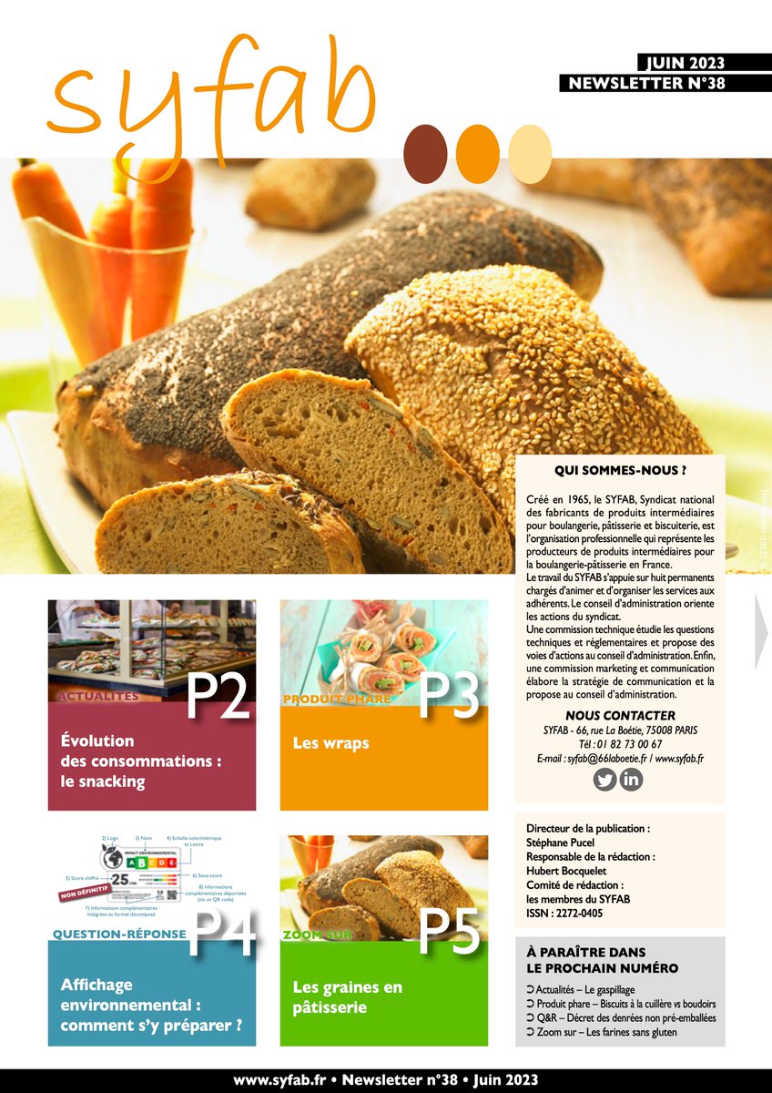 [Newsletter] - Notre #newsletter SYFAB n°38 est disponible ! 

On y parle : du #snacking, des #wrap, des #graines en pâtisserie puis de l'#affichageenvironnemental et comment s'y préparer 

Bonne lecture ! 

👇 Lien de la newsletter : lnkd.in/eTQNn8Fc