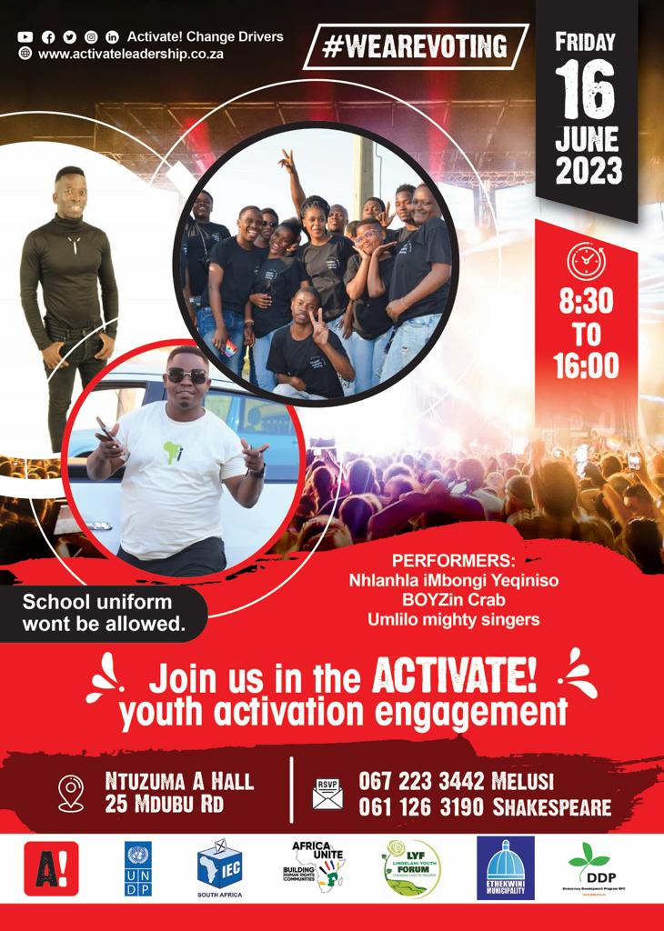 [TODAY]: It is #YouthDay2023 and Ntuzuma, KZN, has come alive! Join us at the youth activation engagement to unpack the present and the future of the youth.

NB: School uniform will not be allowed!!

WE ARE READY. ARE YOU?

#WeAREvoting  #ThisFreedom  #YouthDay2023