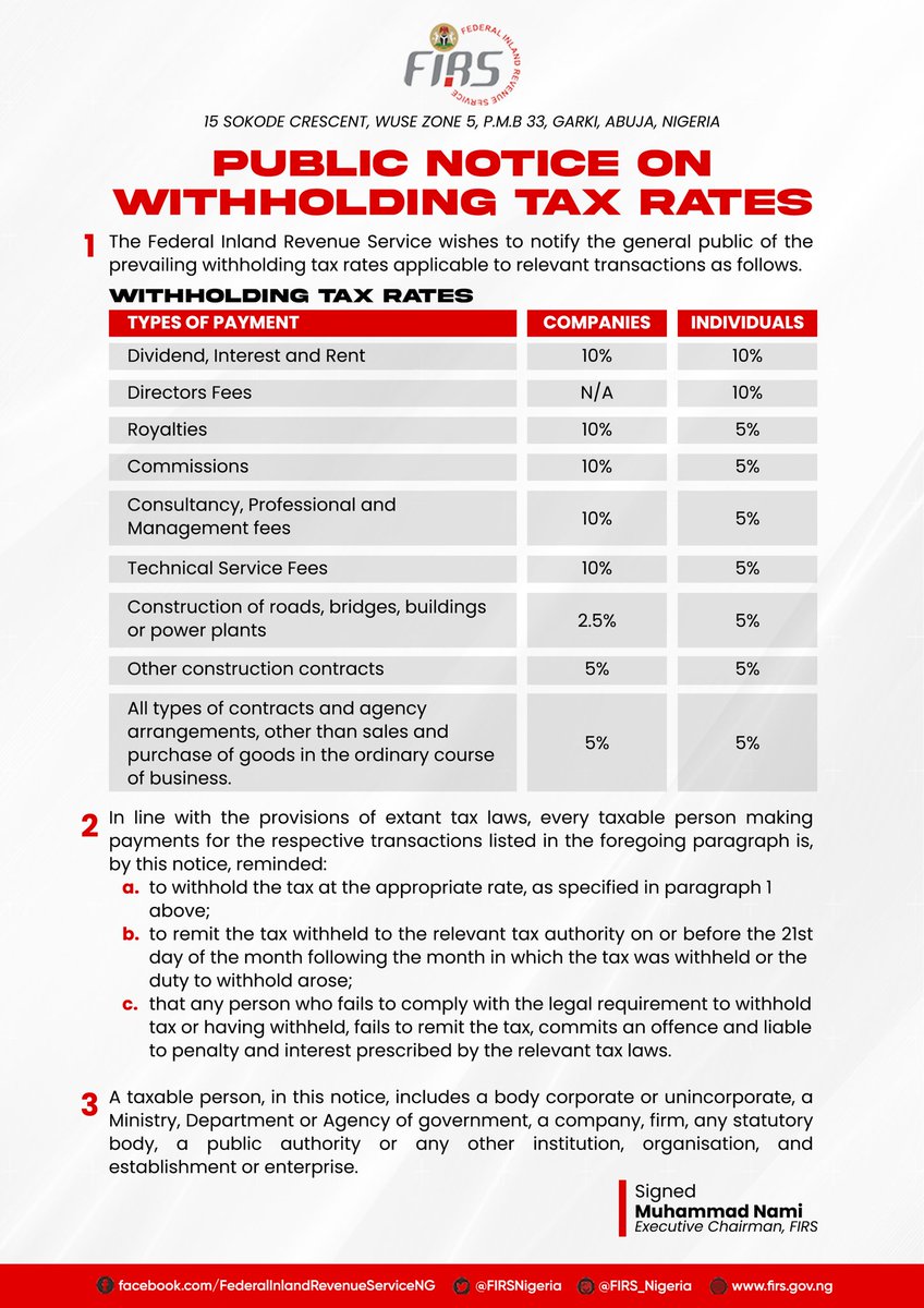 NigeriaRevenue's tweet photo. ❗️PUBLIC NOTICE ON WITHHOLDING TAX RATES ❗️

📌 The Federal Inland Revenue Service wishes to notify the general public of the prevailing withholding tax rates applicable to relevant transactions as follows: 

⬇️⬇️⬇️ https://t.co/xwf9ME1B3T