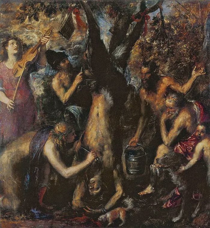 A rather grisly affair. 
'The Flaying Of Marsyas' 🎨 by Titian, 1576 
#Horror #ArtAppreciation #HorrorArt