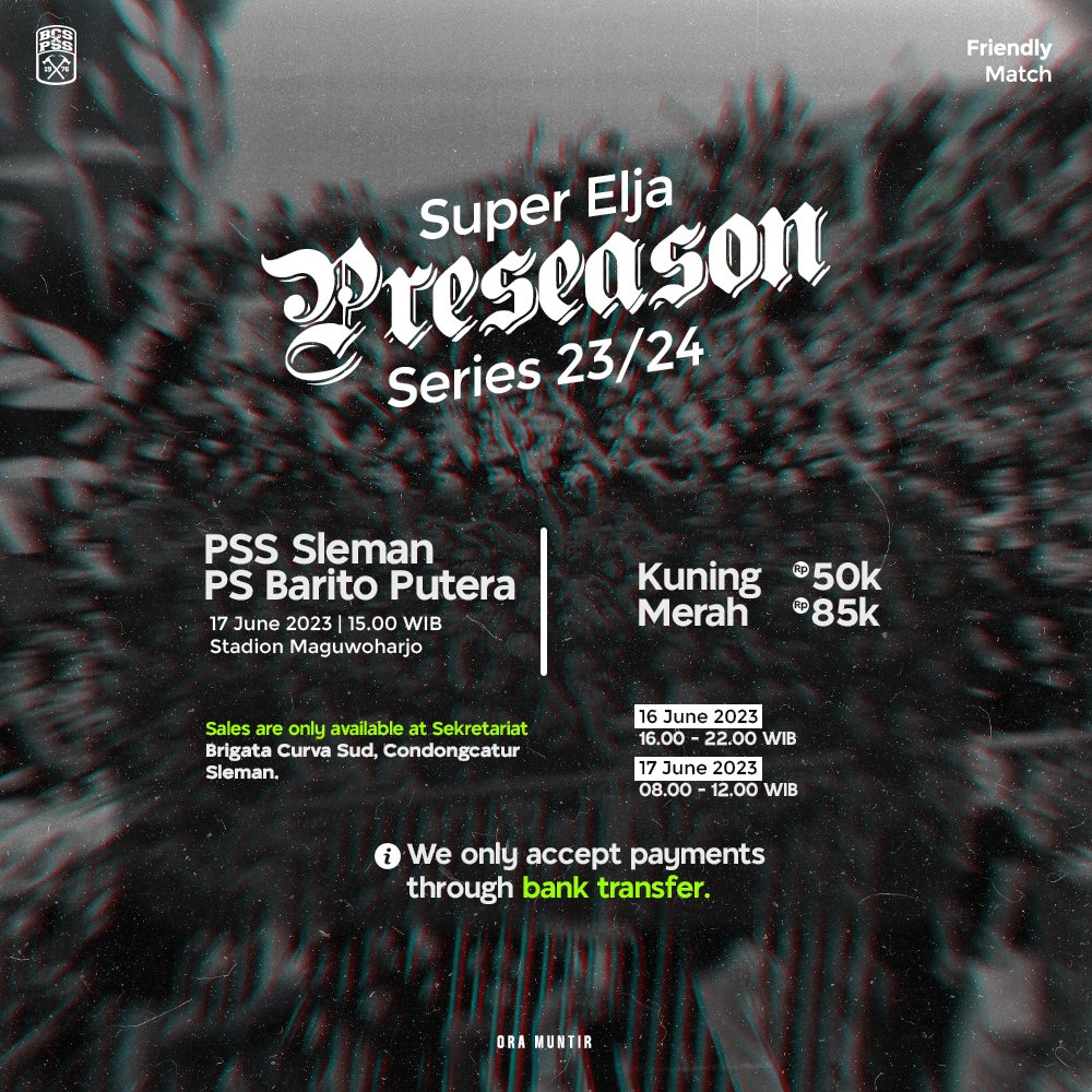 Let's go! Mari kita slodotkan🔥✊

Berikut info penjualan tiket laga uji tanding PSS Sleman vs PS Barito Putera. Tersedia tiket Tribun Kuning dan Merah. Pembayaran hanya menerima via transfer bank.

No es, no gorengan. Suara perut. Hitam-hitam. Silak kibak!💨