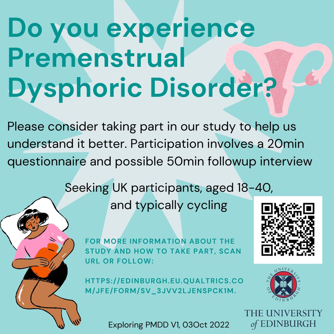 We are still looking for participants, to hear your experience of #PMDD If you live in the UK, expereince PMDD and are naturally cycling, please consider taking part: edinburgh.eu.qualtrics.com/jfe/form/SV_3j…  #WomensHealth #menstruationmatters #mentalhealth