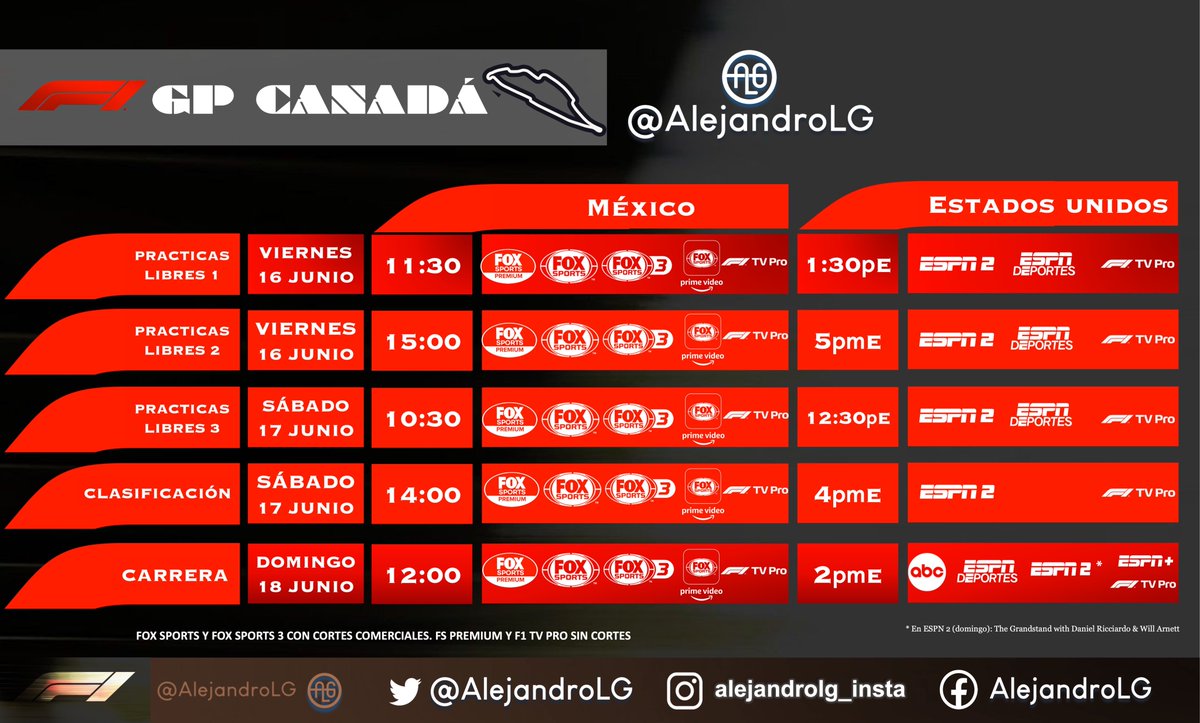 #F1 🏁 GP de Canadá 🇨🇦
HORARIOS Y TRANSMISIÓN 🇲🇽&🇺🇸 #CanadianGP  #F1ALG #ALG #F1xFOX #F1xFSMX