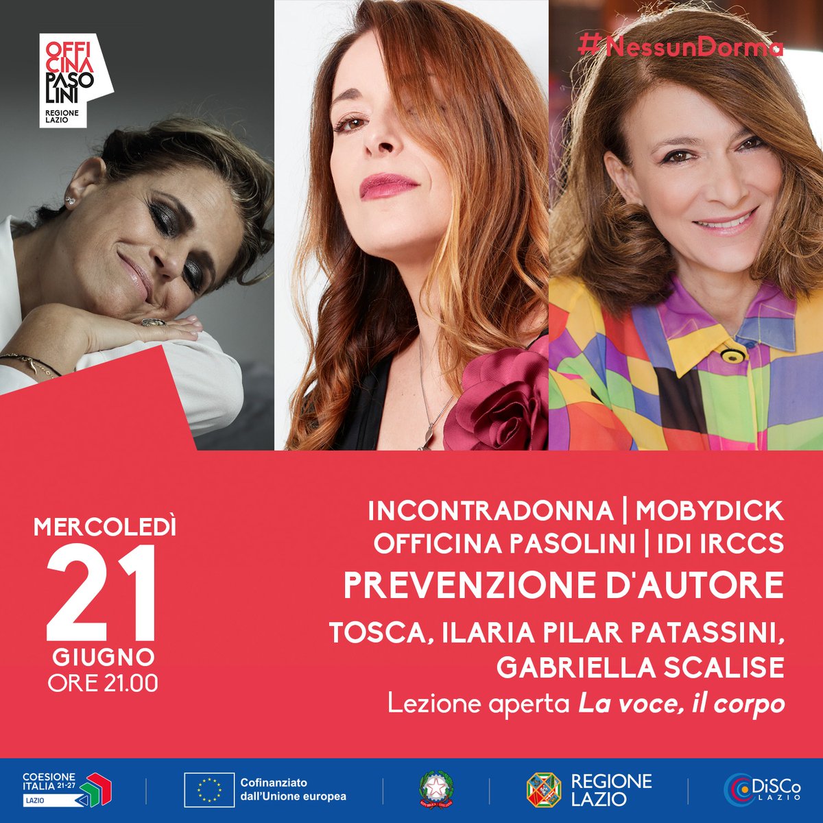 Mercoledì 21 giugno una ricca giornata dedicata alla #prevenzione delle malattie oncologiche e al ruolo inclusivo e accogliente dell'arte con <a href="/_IncontraDonna_/">IncontraDonna Onlus</a>, #mobydick e #idiircss. Ingresso gratuito con prenotazione: officinapasolini.it
<a href="/RegioneLazio/">Regione Lazio</a> #discolazio