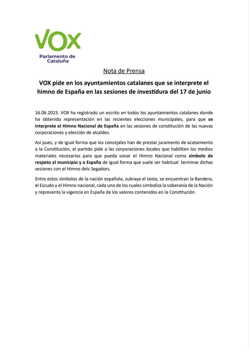 VOX solicita la interpretación del Himno de España en las sesiones de investidura en ayuntamientos catalanes

#CuidaLoTuyo