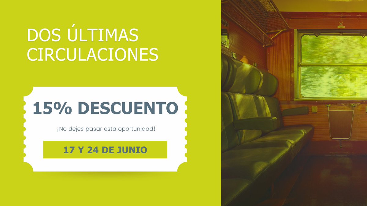 📢 ¡Queridos pasajeros! 🚂 Gracias por hacer posible otra temporada llena de momentos inolvidables.

Como muestra de nuestro agradecimiento, ofrecemos un descuento del 15% en las dos últimas circulaciones, 17 y 24 de junio🤩

¡Gracias por ser parte de nuestra familia viajera!