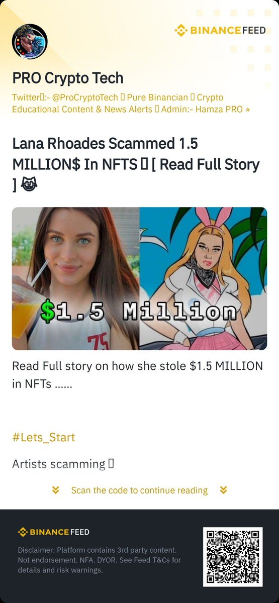 👉Read Lana Rhoades $1.5 Million Scam Story On #BinanceFeed 🧡

👉Link:- binance.com/en/feed/post/6…

#Binance #LanaRhoades #NFT #Scam #ScamStory #cryptoscam #Crypto