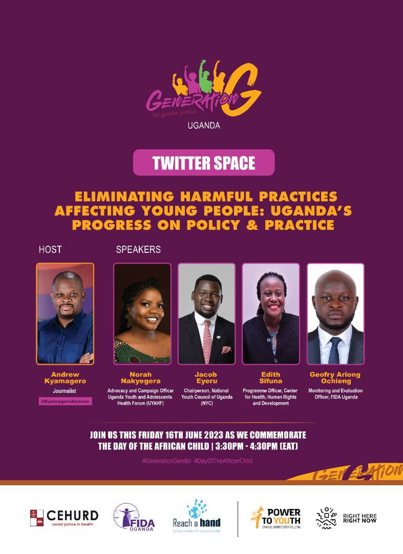 Today, the #GenerationGender Uganda coalition will join the world to mark  #TheDayOfTheAfricanChild 2023 through a Twitter Space event themed, “Eliminating Harmful Practices Affecting Young People: Uganda's Progress On Policy and Practice” 

Time: 3:30 PM - 4:30 PM