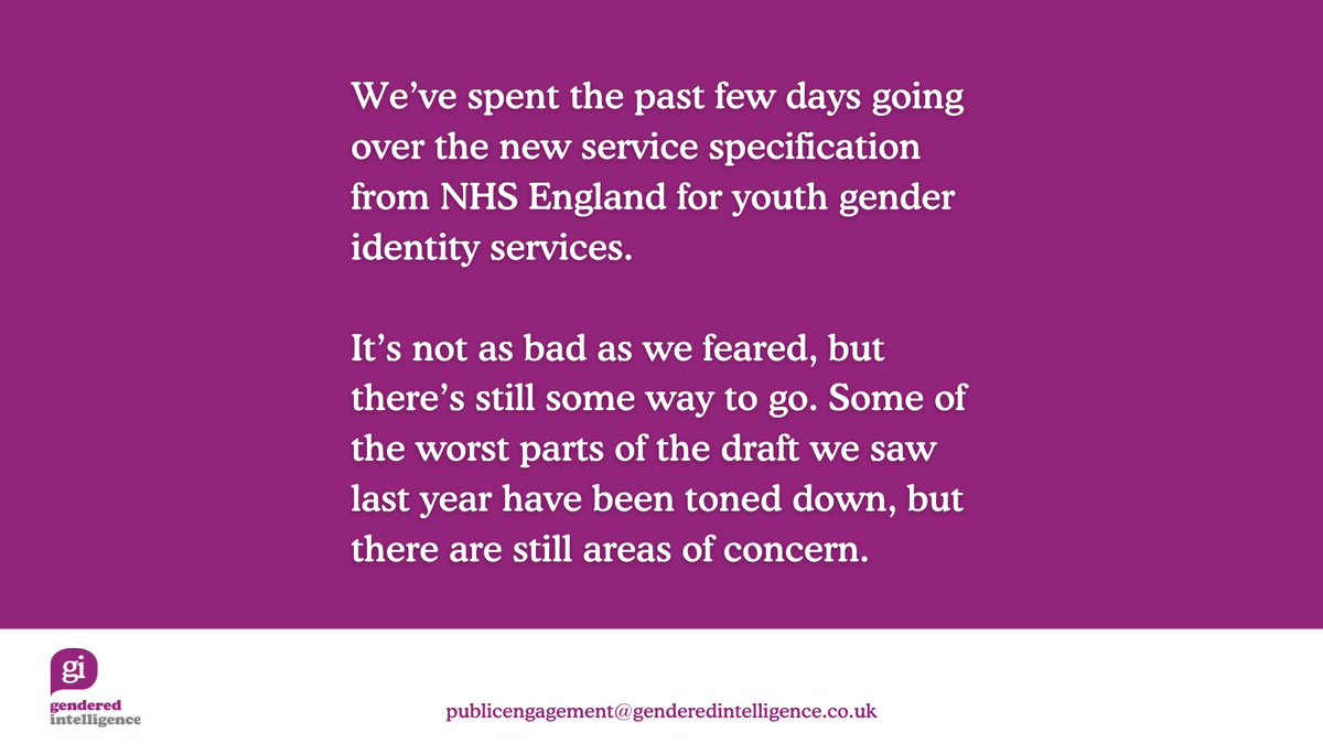 Genderintell's tweet photo. We’ve spent the past few days going over the new service specification from NHS England for youth gender identity services

Some of the worst parts of the draft we saw last year have been toned down, but there are still areas of concern

Full statement: https://t.co/jbyfrG9vxU https://t.co/YaUFiQtJJL