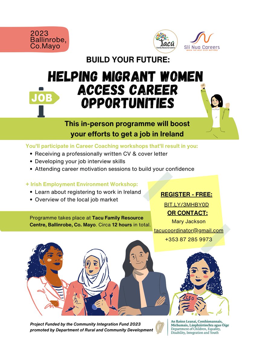 Slí Nua Careers & Tacú Family Resource Centre are delivering a new career programme in Ballinrobe/south Mayo designed to help migrant women find employment
MORE: bit.ly/42ldoSp
#MigrantWomen #Careers #MayoMigrantStrategy 
@southwestmayo @HoranLiam #BelieveInBallinrobe